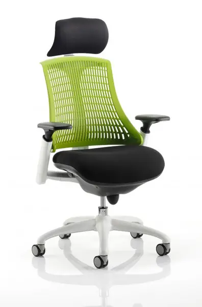 Image of Flex Task Operator Chair White Frame Black Fabric Seat With Green Back With Arms With Headrest