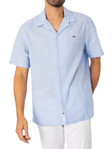 Image of Tommy Jeans Linen Blend Camp Shortsleeved Shirt Moderate Blue L
