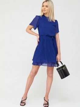 Image of Oasis Plain Pleated Skater Dress - Mid Blue Size 8, Women