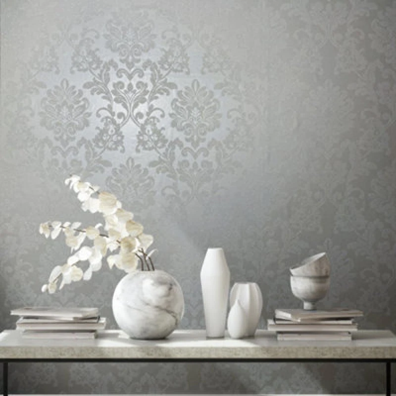 Image of Galerie Industrial Effects White Giltter Floral Damask Wallpaper Roll