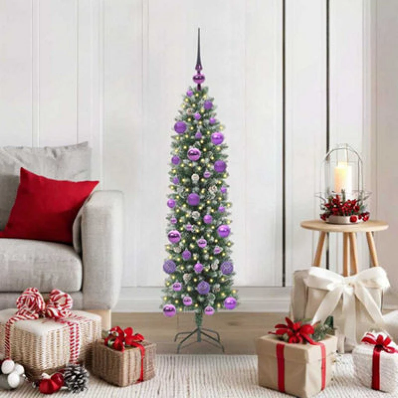 Image of vidaXL Artificial Slim Christmas Tree with Lilac Balls Green and white 120 cm, Green 3395275