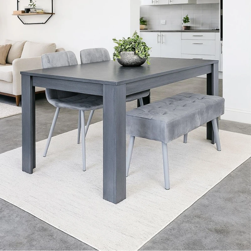 Image of KOSY KOALA KOSY KOALA Dining Table and 2 Chairs With Bench Dark Grey Table 2 Grey Velvet Chairs Wood Table Dining Set Furniture Dark Grey One Size Uni