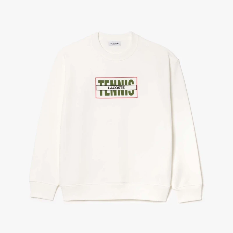 Image of Lacoste Oversized Tennis Print Fleece Jogger Sweatshirt - Cream Cream 8