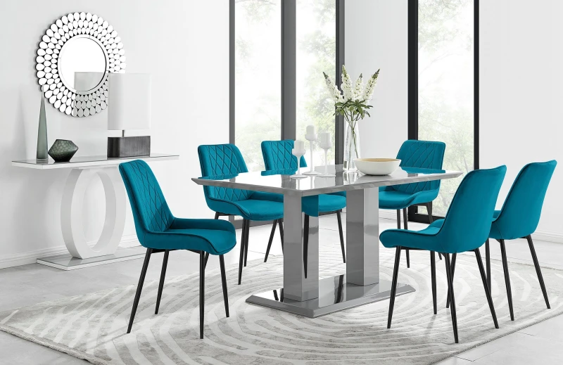 Image of FurnitureboxUK FurnitureboxUK Imperia 6 Grey Dining Table and 6 Pesaro Black Leg Chairs in Blue Blue One Size Unisex 5056542641268