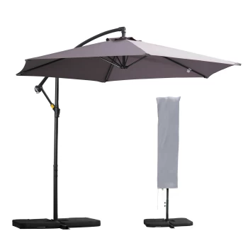 Image of Outsunny 3 Meters Garden Parasol Sun Shade Patio Banana Hanging Rattan Set Umbrella Cantilever w/ Weight & Cover Dark Grey