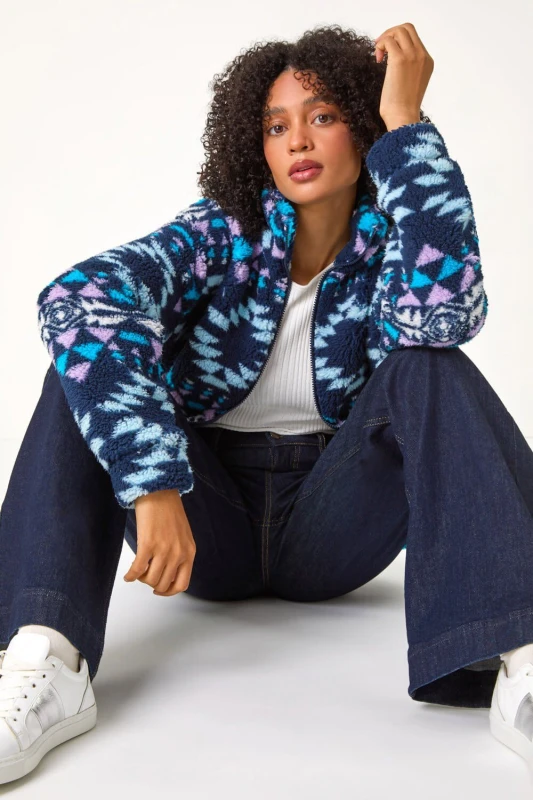 Image of Roman Womens Nordic Print Funnel Fleece Jacket in Midnight Size: 14 Midnight Female 14