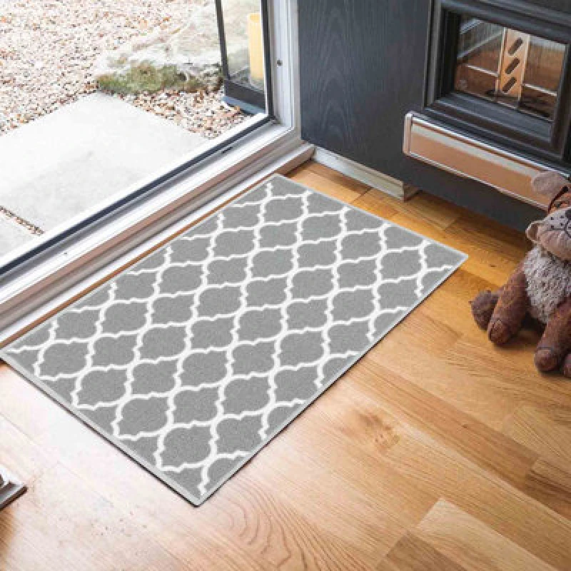 Image of Machine Washable Trellis Design Anti Slip Doormats Grey 67X120 Cm