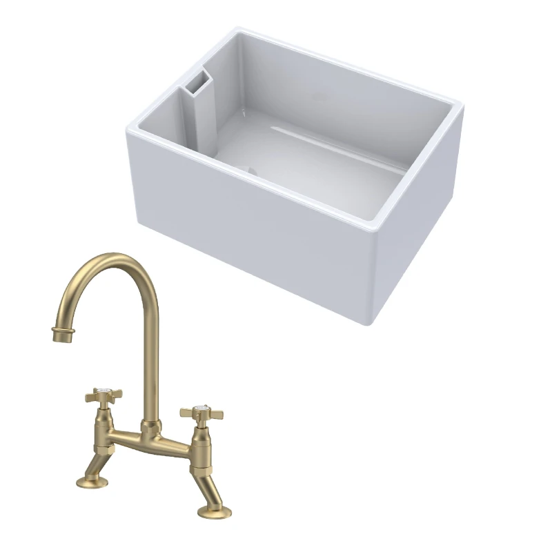 Image of BALTERLEY Balterley - Fireclay Kitchen Bundle - Single Bowl Belfast Sink & Bridge Crosshead Mixer Tap, 615mm - Brushed Brass BKS222WT14