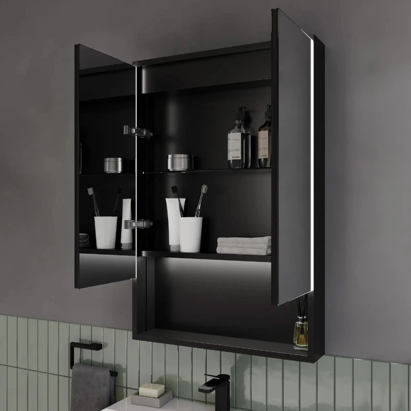 Image of Sensio Sydney Double Door Black Bathroom Mirror Cabinet with Lights & Shelf 600 x 900mm SE30398P0