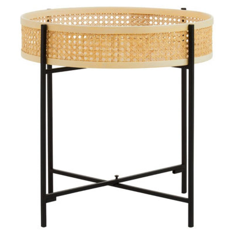 Image of Premier Housewares Natural Sleek Side Table With Cross Legs, Hand Woven Square Webbed Table, Rattan Top Wooden Lounge Table Natural