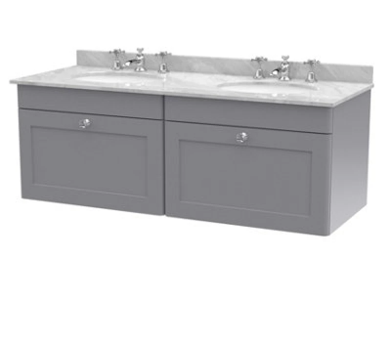 Image of Nuie Classique Wall Hung 2 Drawer Vanity Unit & 3 Tap Hole Grey Marble Top With Oval Basin, Contemporary Sink Vanity Unit In