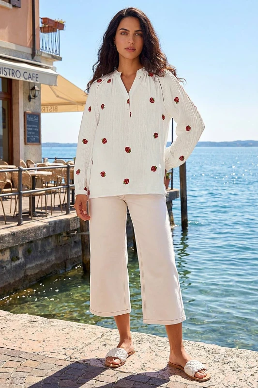 Image of Dusk Womens Strawberry V-Neck Tunic Top in Ivory Size: Medium Ivory Female M