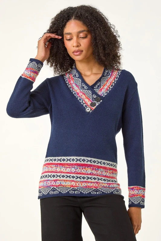 Image of Roman Nordic Print Button Detail Jumper Midnight