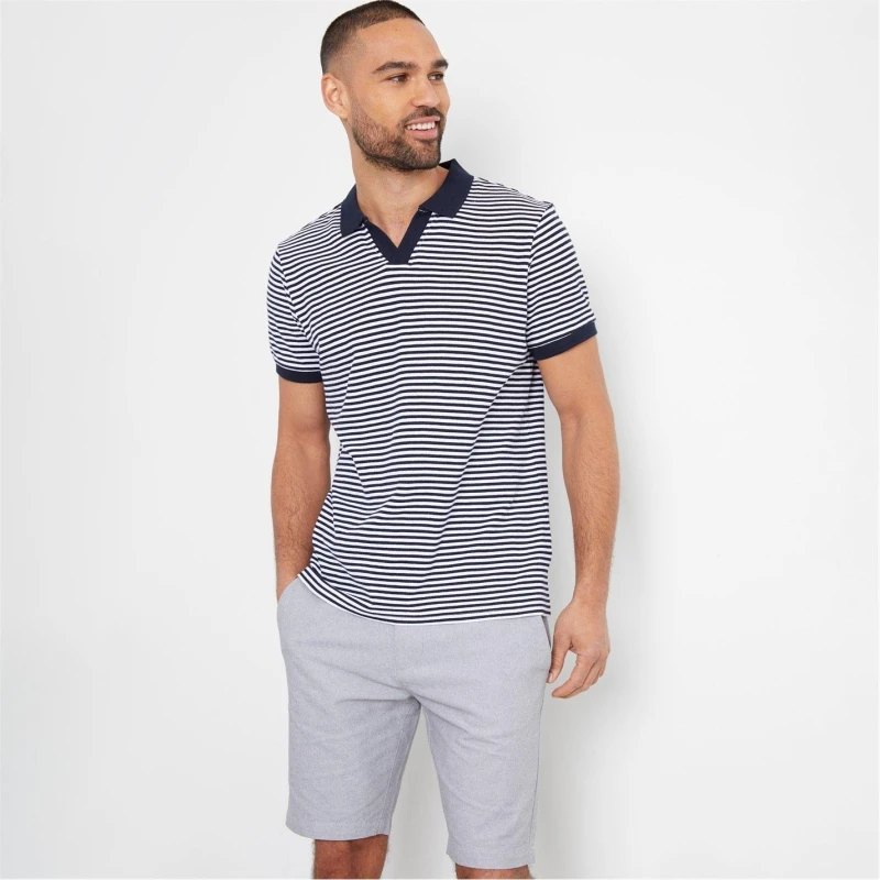 Image of Threadbare Open Collar Striped Pique Polo Shirt Navy male M