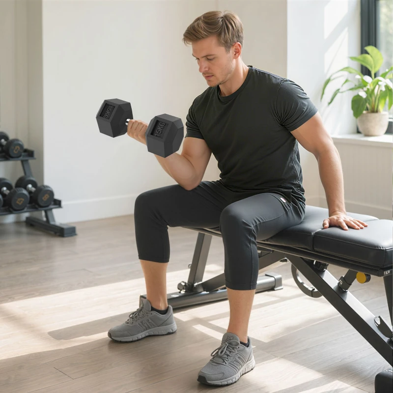 Image of HOMCOM 15KG Single Rubber Hex Dumbbell Portable Hand Weights for Home Gym Black unisex