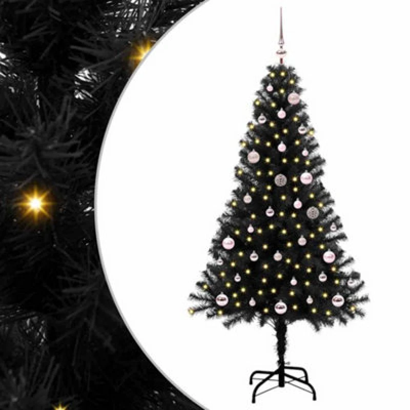 Image of vidaXL Christmas Tree with 150 LEDs, Pink Balls with Stand Black 150cm PVC, Black 3396467
