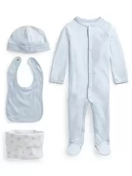 Image of Ralph Lauren Baby Boy All In One Bib Hat And Bag Set - Blue Size 6-9 Months