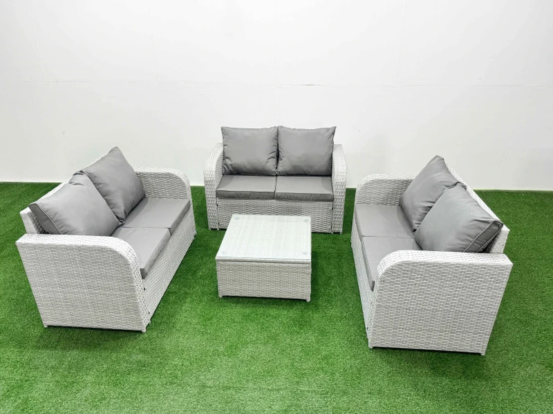 Image of Fimous 6 Seater PE Wicker Rattan Furniture Sofa Sets with Square Coffee Table 2 Seater Love Sofa Light Grey Light Grey