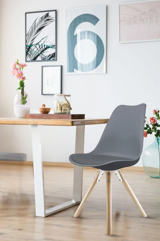 Image of Fusion Living Soho Plastic Dining Chair With Pyramid Light Wood Legs Dark Grey FL1862