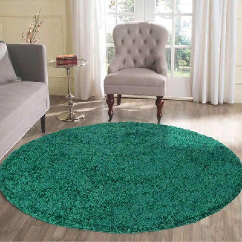 Image of Desire Rugs Plain Living Room Shaggy Area Rugs Emerald Round 120X120 Cm