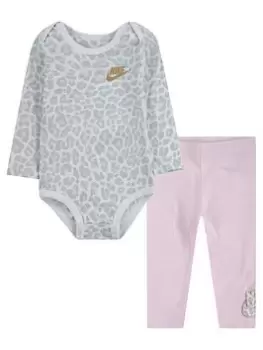 Image of Nike Leopard Futura Bodysuit Pant Set - White/Pink/White, Size 9 Months