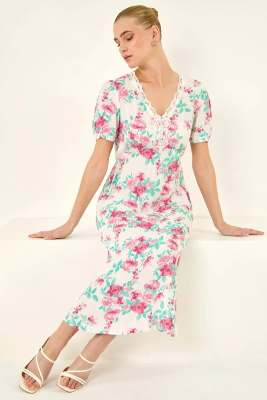 Image of Roman Womens Floral Lace Trim Midi Dress in Ivory Size: 14 Ivory Female 14