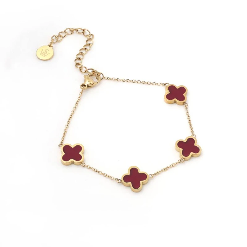 Image of Say It With Plum Crystal Clover Bracelet - Yellow Gold Size: 7.5 inches Gold Unisex 7.5 inches