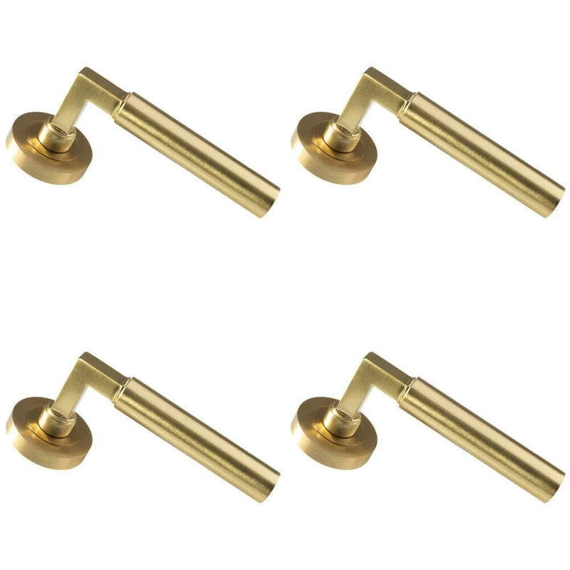 Image of Loops 4x PAIR Straight Round Bar Handle on Round Rose Concealed Fix Satin Brass Metallics