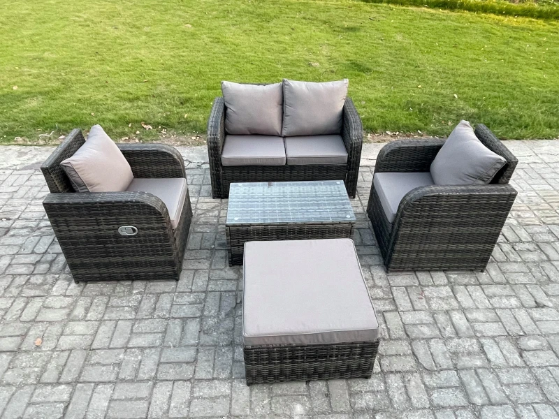 Image of Fimous 5 PC Outdoor PE Rattan Garden Furniture Set Wicker Love Sofa Coffee Table 2 Armchair Big Footstool Dark Grey Mixed Dark Grey