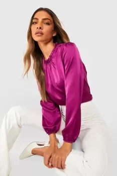Image of Satin Frill Neck Long Sleeve Woven Blouse