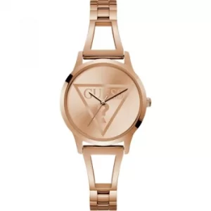 Image of GUESS Ladies rose gold watch with rose gold logo dial.