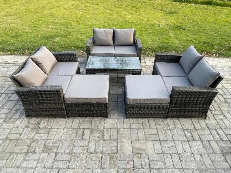 Image of Fimous 8 Seater High Back Rattan Garden Furniture Sofa Sets with Rectangular Coffee Table 2 Big Footstool Dark Grey Mixed Dark Grey Unisex
