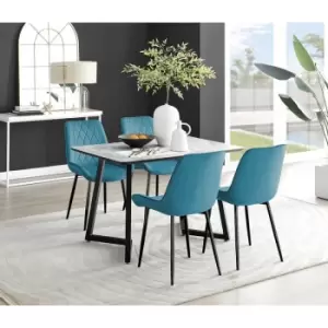 Image of Furniturebox Carson White Marble Effect Recatngular 120cm Dining Table & 4 Blue Pesaro Black Leg Velvet Chairs