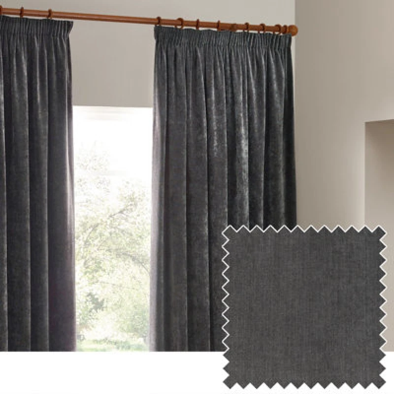 Image of Yard Heavy Chenille Velvet Ready Made Pencil Pleat Curtains Charcoal