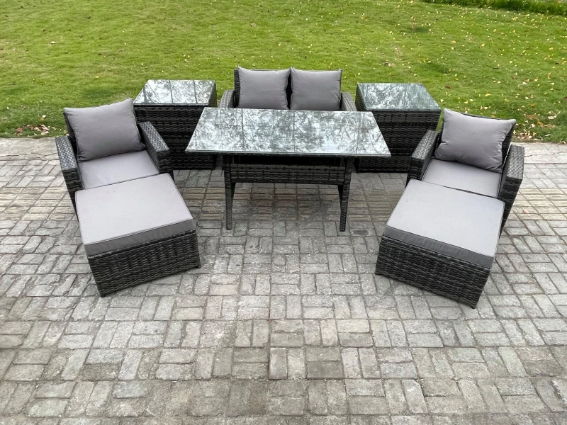 Image of Fimous Outdoor Lounge Sofa Garden Furniture Set Rattan Rectangular Dining Table with Double Seat Sofa Armchair 2 Side Tables in Dark Grey Dark Grey Un