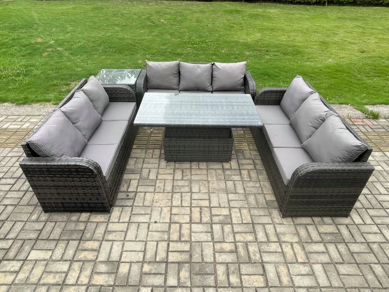 Image of Fimous Patio Garden Dining Set Outdoor Rattan Furniture Lounge Sofa Height Adjustable Rising Table With Side Table Dark Grey