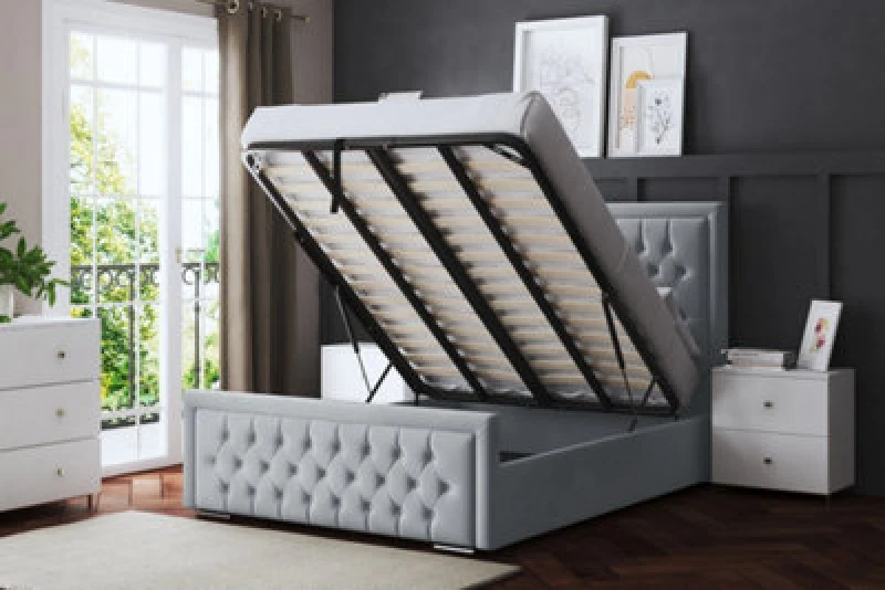 Image of DS LIVING Allegra Silver Upholstered Bed With Ottoman Metal Gas Lift Double AM_HILTONOB_DBL_SIL