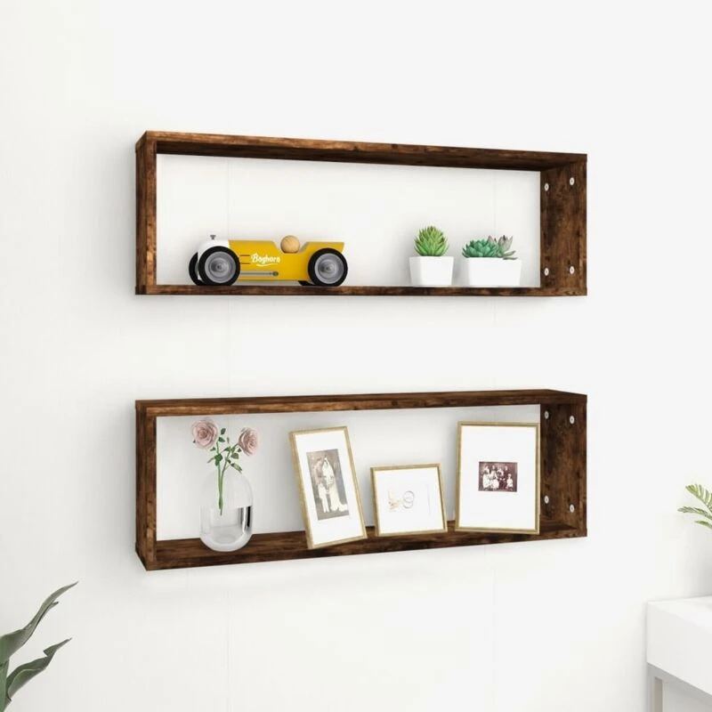 Image of Vidaxl Wall Cube Shelves 2 Pcs Smoked Oak 80X15X26.5cm Engineered Wood, Brown 815915