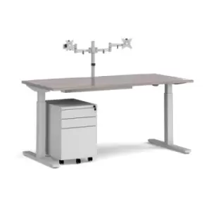 Image of Elev8 Mono straight sit-stand desk 1600mm - silver frame, grey oak top with matching double monitor arm, steel pedestal and cable tray