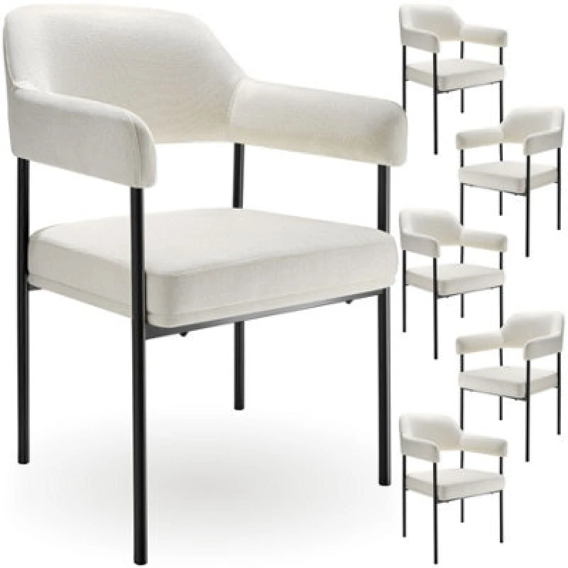 Image of Tectake Set Of 6 Armchair Doe - Durable Fabric, Black Powder-Coated Legs, 120 Kg Load, 58 X 62 X 85cm - Woven Fabric Off-White/black