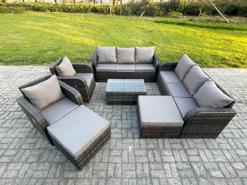 Image of Fimous Wicker PE Rattan Garden Furniture Set 10 Seater Outdoor Lounge Sofa Set with Coffee Table 2 Big Footstool Dark Grey Mixed Dark Grey