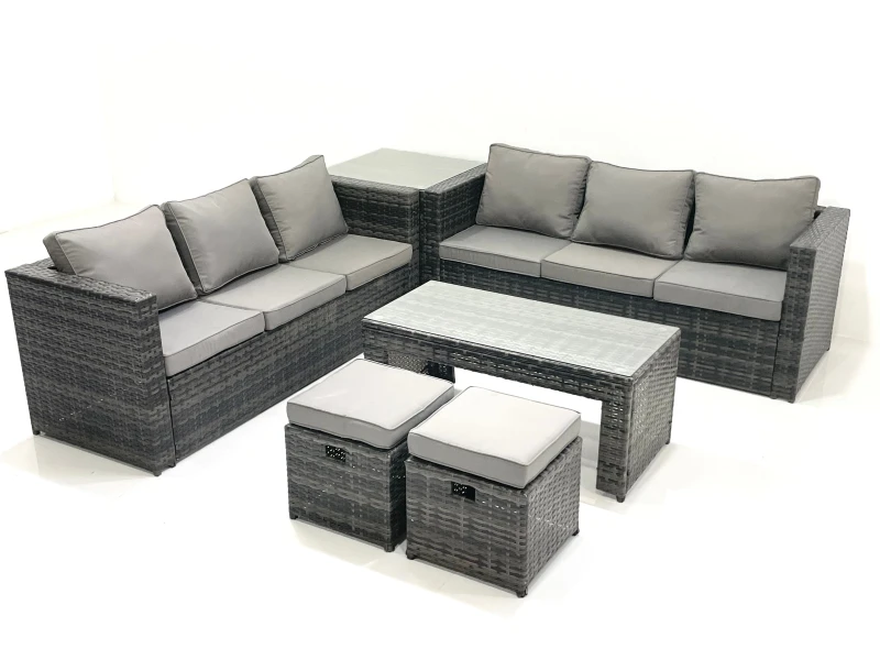 Image of Fimous Garden Outdoor Rattan Furniture Set with Sofa Coffee table 2 Small Footstools Side Table Dark Grey Mixed Dark Grey