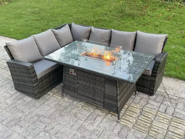 Image of Fimous 6 Seater Outdoor Dark Grey Rattan Lounge Complete Sofa Set with Gas Fire Pit Table