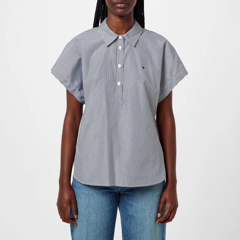 Image of Tommy Hilfiger Womens Stripe Short-Sleeve Blouse Stp Desert Sky female 8 (XS)