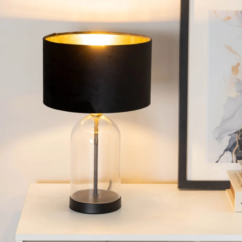 Image of ValueLights ValueLights Jessy Glass with Black Table Lamp with Black Velvet & Gold Inner Shade & Bulb Black One Size Unisex 5059406060977