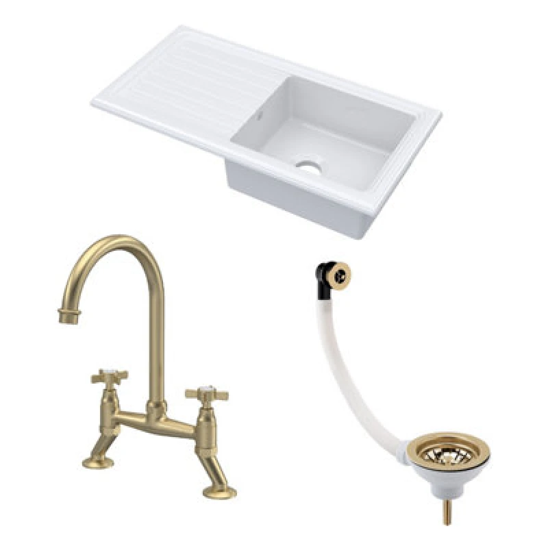 Image of BALTERLEY Fireclay Kitchen Bundle - Single Bowl Sink & Drainer, Waste & Bridge Crosshead Tap, 1010mm - Brushed Brass - Balterley BKS231WT14