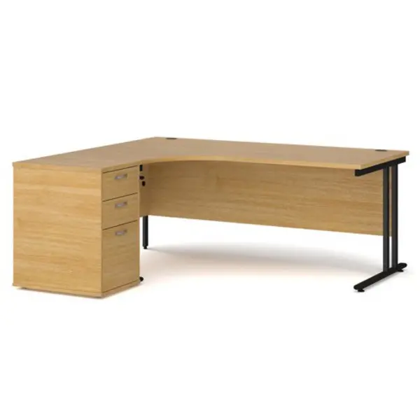 Image of Office Desk Left Hand Corner Desk 1800mm With Pedestal Oak Top With Black Frame Maestro 25