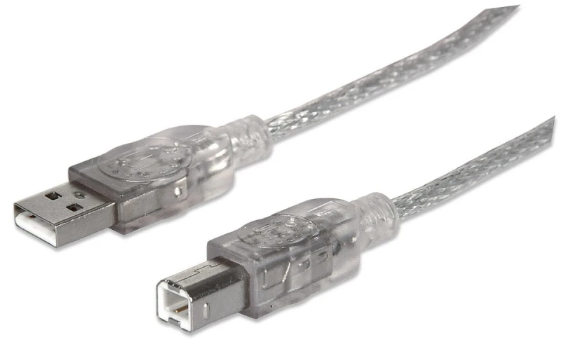 Image of Manhattan Manhattan USB-A to USB-B Cable, 3m, Male to Male, Translucent Silver, 480 Mbps (USB 2.0), Hi-Speed USB, Lifetime Warranty, Equivalent to USB