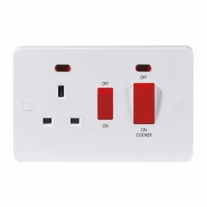 Image of KnightsBridge Pure 9mm 45A White 2G Double Pole 230V Electric Wall Plate Cooker Switch and 13A Socket with Neons
