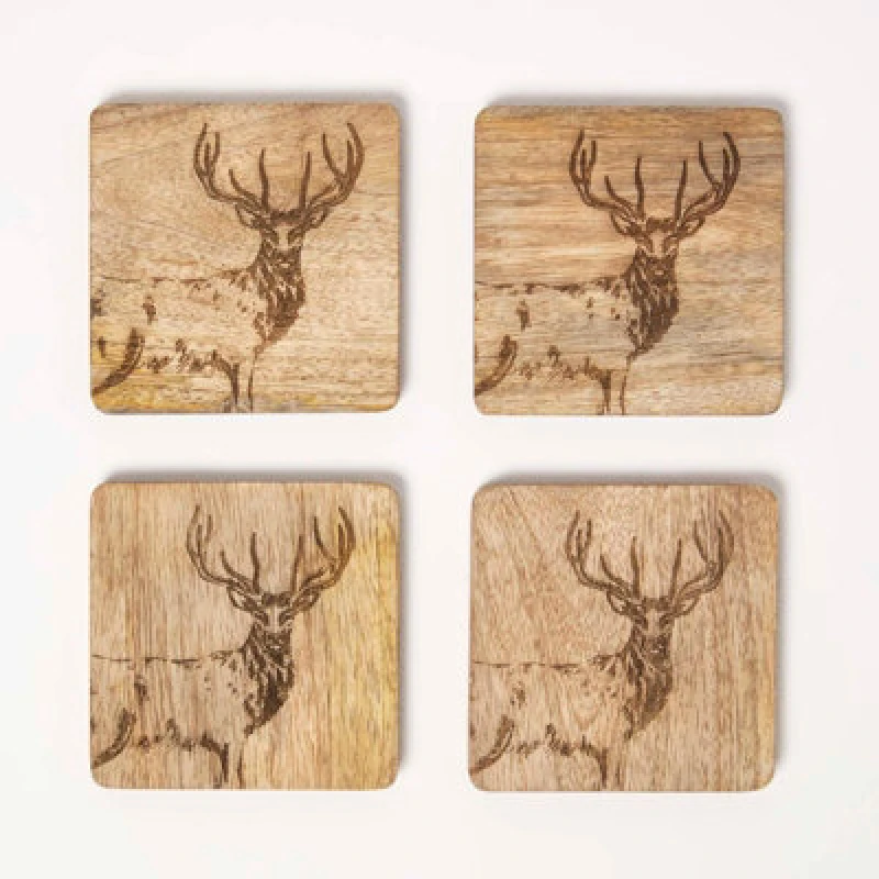 Image of Homescapes Wooden Coaster Set With Stag Design, Set Of 4